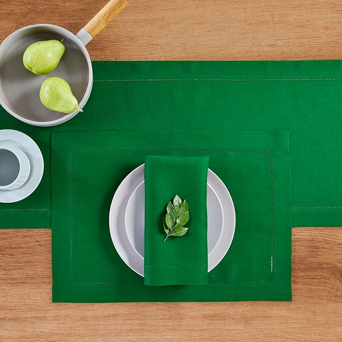 Solino Home Linen Table Runner 36 Inches - 100% Pure Linen Garden Green Hemstitch Table Runner 14 x 36 Inch Ideal for Dresser and Coffee Tables - Classic Hemstitch - Christmas