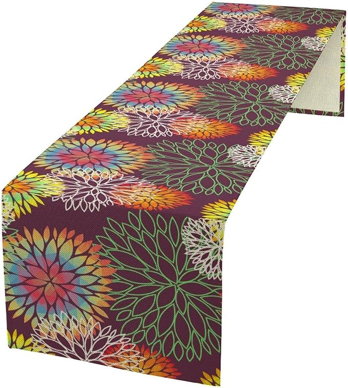 Brown Dahlia Flower Table Runner, Linen Geometric Pattern Floral Table Decor Spring Farmhouse Decorations for Kitchen Dining Holiday Party Decor, 13x36 Inch