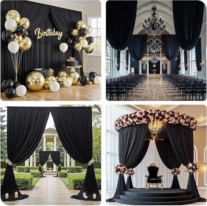 PartyVillage 10ft×15ft Black Backdrop Curtain for Halloween Parties, 2 Panels Wrinkle Free 15 FT Long Polyester Photo Backdrop Drapes Back Drop Cloth for Birthday Photography Background