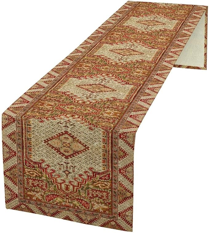 Boho Bohemia Style Orange Table Runner, Country Rustic Farmhouse Magical Abstract Print Pattern for Home Kitchen Table Decor Dining Coffee Room Garden Party Decor 13x60in