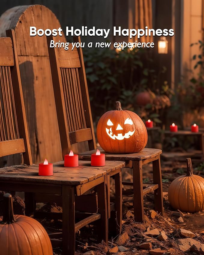 Amagic 24 Pack Red LED Tea Lights, Flameless Votive Candles Battery Operated, Electric Fake Colored Tealights Candles for Party, Halloween, Christmas, Aniversary, Wedding Table Centerpiece, Proposal