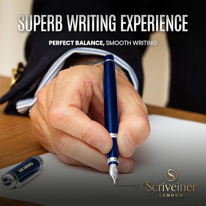Scriveiner Personalized Midnight Blue Pen - Stunning Blue Lacquer Luxury Pen, Chrome Finish, German Schmidt Nib (Medium), Best Engraved Fountain Pen Gift Set for Men & Women, Name Engraving