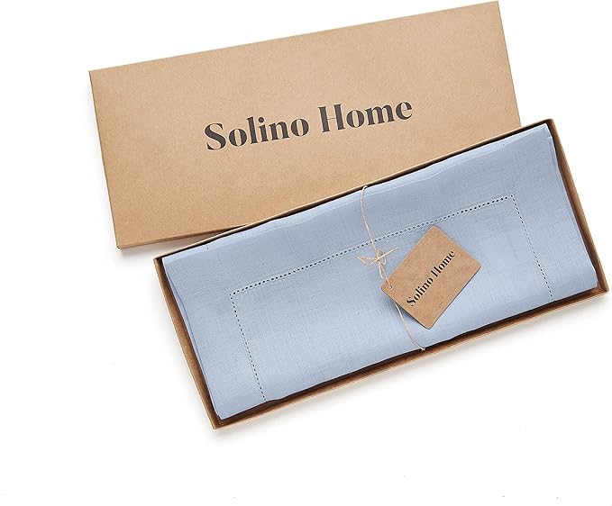 Solino Home Linen Sky Blue Table Runner 48 Inches - Classic Hemstitch, 100% Pure Linen Coffee Table Runner 14 x 48 Inch Ideal for Dresser Tables - Holiday