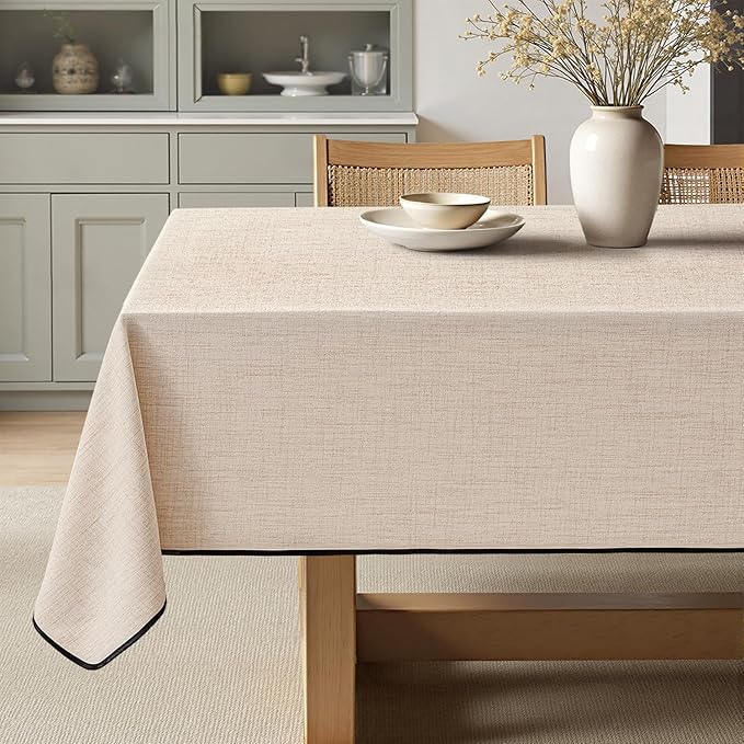 MIULEE Ivory-Black Linen Tablecloth 60x104 Inch Rectangle Table Cloth Waterproof,Stain Resistant & Wrinkle Resistant for Dining Party Wedding