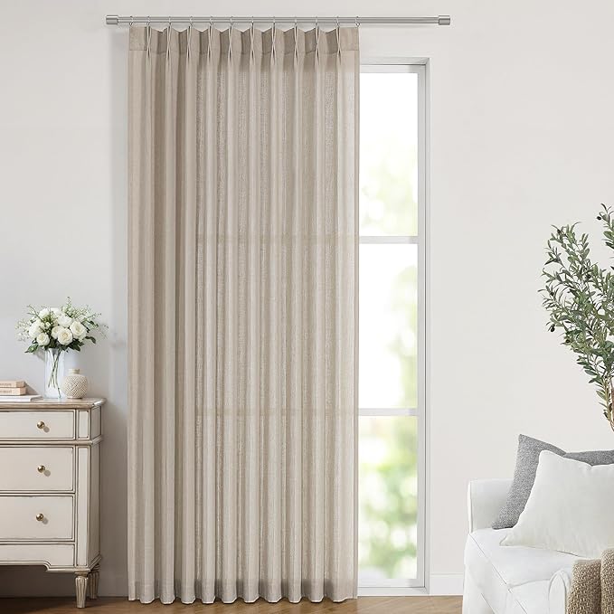 Vision Home Sand Pinch Pleated Semi Sheer Curtains Textured Linen Blended Light Filtering Window Curtains 112 inch for Living Room Bedroom Patio Pinch Pleat Drapes with Hooks 1 Panel 60" Wx112 L