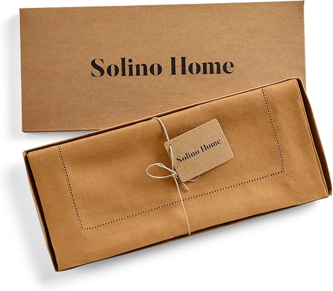 Solino Home Linen Brown Sugar Table Runner 90 Inches Long - 100% Pure Linen 14 x 90 Inch Table Runner for Fall, Autumn, Thanksgiving - Classic Hemstitch