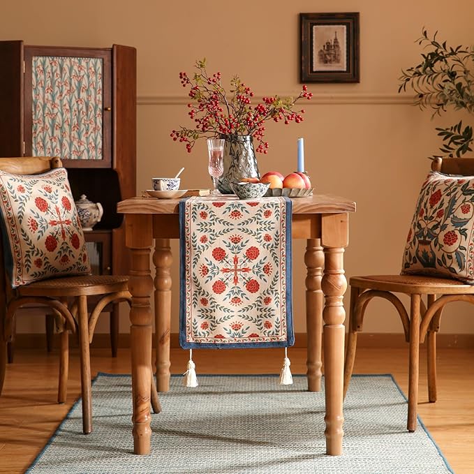 patdrea Designer Vintage Bright Farmhouse Extra Long Linen Table Runner 118 Inch Long, Maroon Floral Pattern Table Mat, Decor for Kitchen Dining Coffee Table Cabinet Banquet Christmas ,16"*118"
