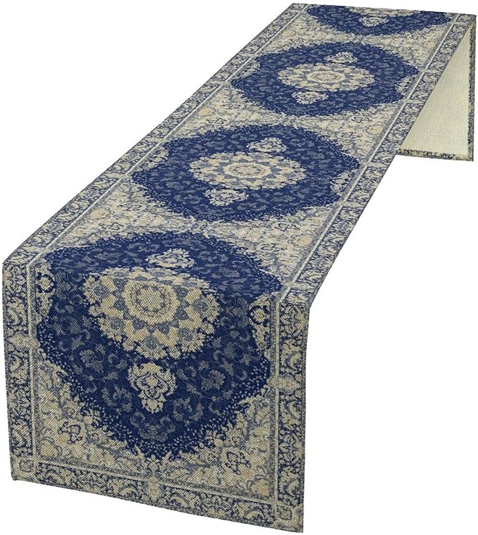 Boho Bohemia Style Dark Blue Table Runner, Country Rustic Farmhouse Magical Abstract Print Pattern for Home Kitchen Table Decor Dining Coffee Room Garden Party Decor 13x72in
