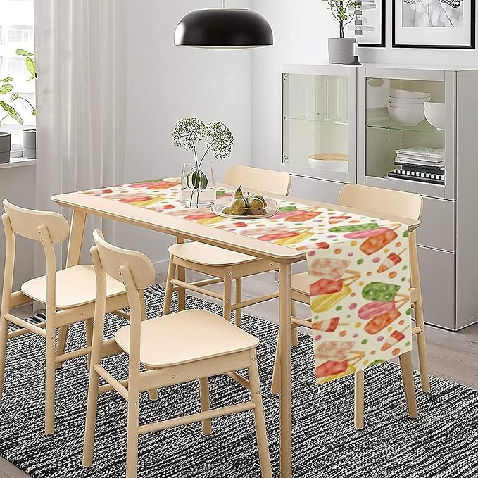 Summer Popsicles Table Runner, Watercolor Colorful Fruit Ice Cream Pops Berry Kiwi Cold Summer Sweet Seasonal Dinner Runner for Party Holiday Home Kitchen Dining Table Decor 13"x90"