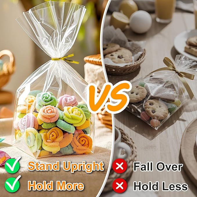 PigPotParty Cellophane Treat Bags 7"x10", 50 Pack Clear Goodie Bags, 3.2" Bottom Gusset for Stand-Up Display, Small Plastic Gift Wrap for Cookies, Candy, Party Favors, Popcorn, Includes 50 Gold Ties