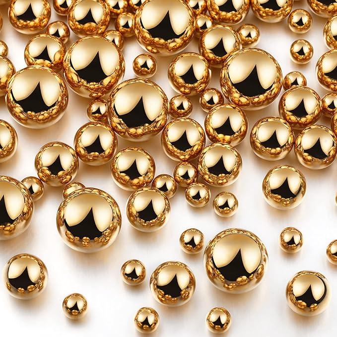 150 Pieces Vase Filler Faux Pearls Vase Makeup Beads No Hole Gloss Bead Mixed Sizes Round Pearl for Home Party Wedding Decor, 8/14/20 mm(Gold)
