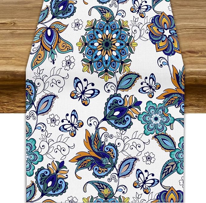 Oriental Paisley Table Runner, Luxury Vintage Blue Teal Floral Butterflies Print Table Runner for Home Dining Kitchen Coffee Table Party Decor, 13x70inch