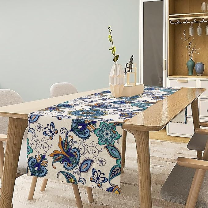 Oriental Paisley Table Runner, Luxury Vintage Blue Teal Floral Butterflies Print Table Runner for Home Dining Kitchen Coffee Table Party Decor, 13x36inch