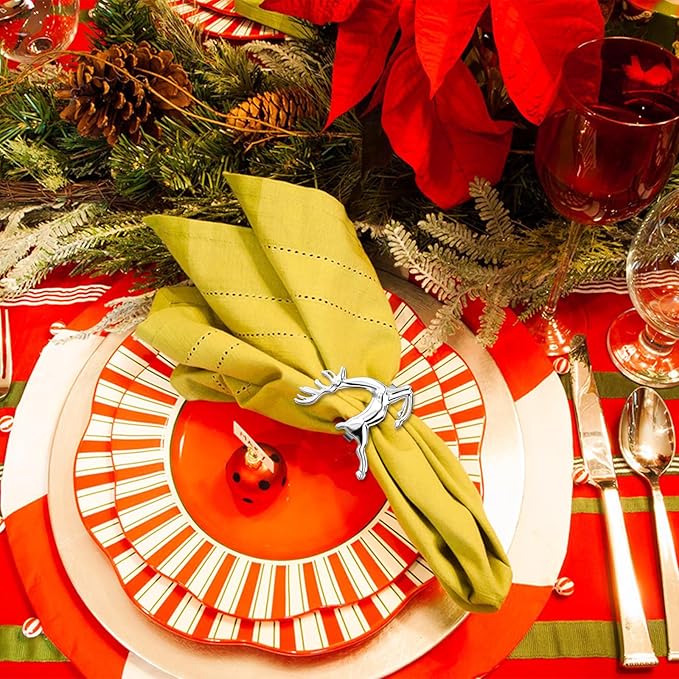 ZeeDix Silver Reindeer Christmas Napkin Rings Set of 8, Napkin Holder Ring for Christmas Dinner Table Decor Cloth Napkins, Wedding Receptions, Holiday Party, Banquet and Home Kitchen
