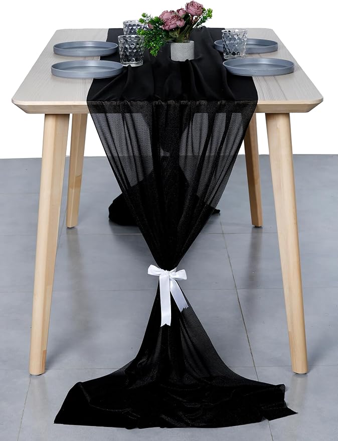 MDS Halloween Chiffon Table Runner - 25 Pack, 29 x 170 Inches, 14ft Each - Sheer Spooky Table Runners for Haunted House Parties, Trick-or-Treat Tables, Witchy Décor, Wedding & Events - Black