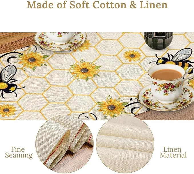 Bee Sunflower Table Runner, Farmhouse Orange Honeycomb Vintage Spring Summer Flowers Print Table Cover for Party Wedding Home Kitchen Dining Table Decor, 13x60inch