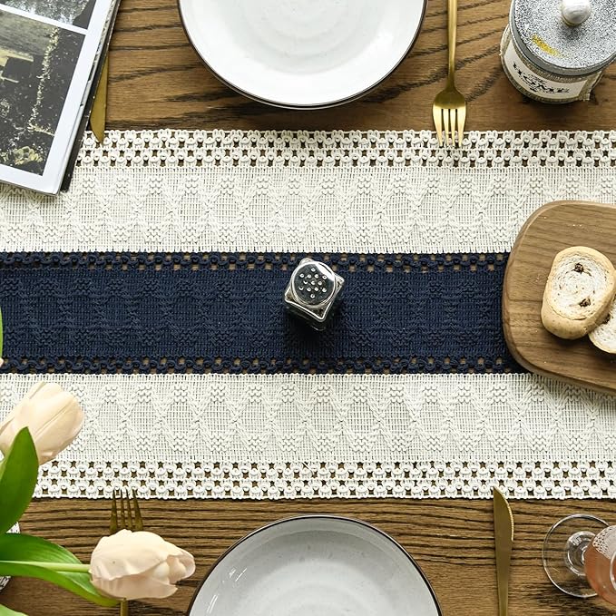 Artoid Mode Dark Blue Farmhouse Rustic Table Runner, Seasonal Holiday Hollow Kitchen Dining Table Decoration for Home Party Decor 12x48 Inch