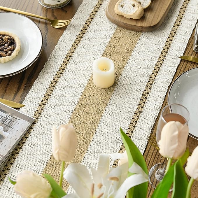 Artoid Mode Burlap Brown Farmhouse Woven Rustic Table Runner, Seasonal Holiday Hollow Kitchen Dining Table Decoration for Home Party Decor 12x90 Inch