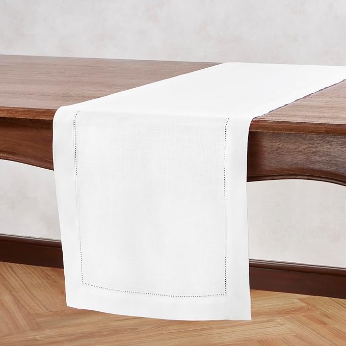 Linen Table Runner 90 inches Long – Hemstitch 100% Pure Linen White Dining Table Runner 14 x 90 Inch for Spring, Summer, Wedding Decorations, Gift – Elara