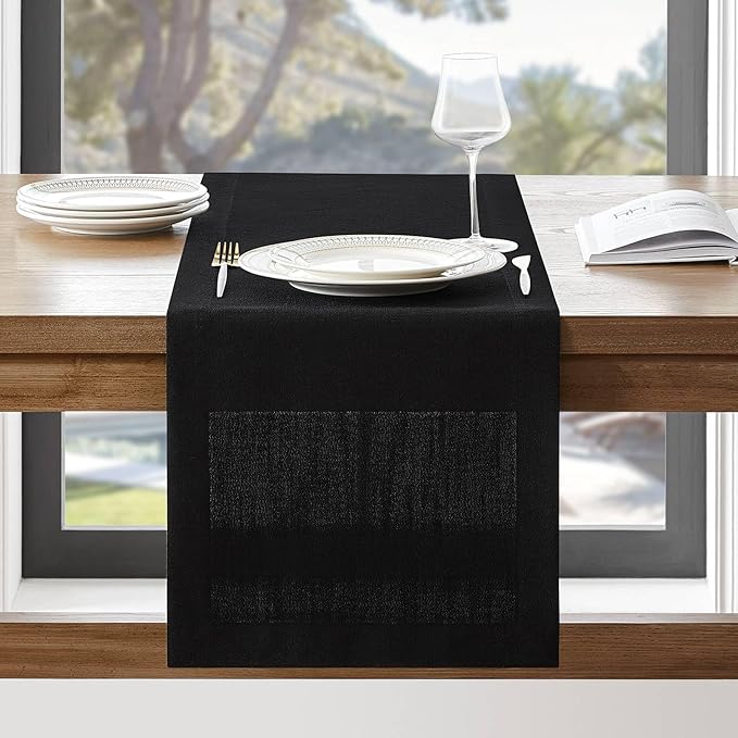 ZeeMart Linen Textured Border Table Runner, 14 x 90 Inch Black, Farmhouse Style Black Table Runners 90 Inches Long, Easy Care Everyday Polyester Table Runner