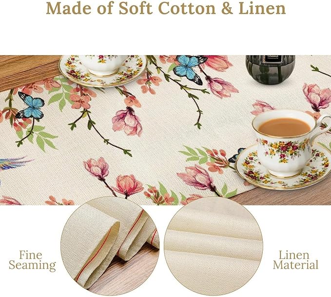 Floral Butterfly Table Runner Seasonal Spring Flower Bird Table Decoration Table Runner for Home Party Decoration 13x120 Inch
