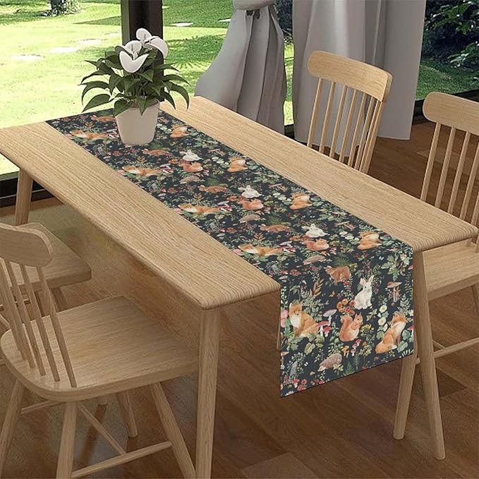 Rustic Forest Table Runner, Farmhouse Wild Woodland Animals Country Fox Rabbits Mushroom Botanical Green Table Center Decor for Home Kitchen Dining Patio Holiday Party, 13"x72" Inch