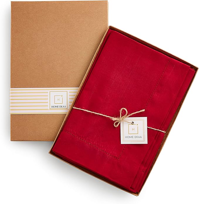 Cotton Linen Dinner Napkins Set of 4 – Hemstitch Red Cloth Dinner Napkins 20x20 Inch – Washable Fabric for Dining, Fall, Halloween, Spring, Summer, Wedding, Everyday Décor – Serena
