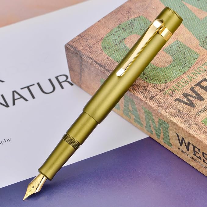 HONG DIAN M2 Black Forest Mini Fountain Pen, Fine Soft Nib & Sleek Shape Aluminium Short Pocket Travel Pen (Olive Green)