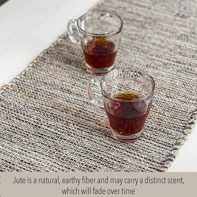 Chardin home Natural Jute Table Runner 13x90 Inch – Vintage Boho Rustic Table Decor – Handwoven Table Runner in Natural Jute and Grey – Farmhouse Dining or Console Table Accent