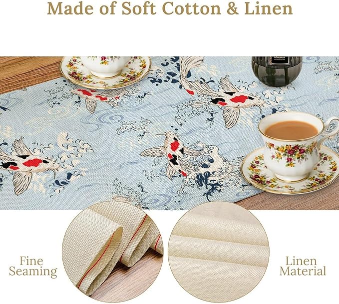 Kio Fish Table Runner Waves Retro Japanese Tradition Art Printed Burlap Runner Home Kitchen Dining Table Living Room Decor Fabric 1 Panel W13xL60in