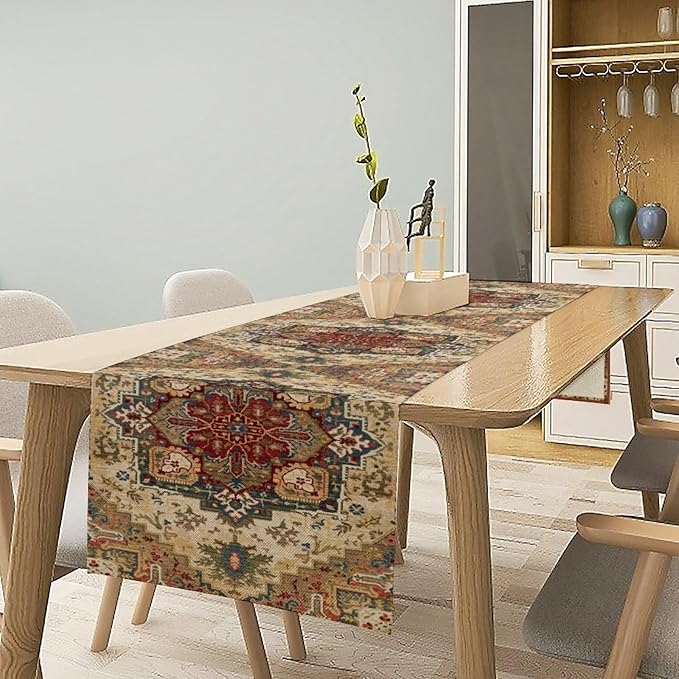 Boho Bohemia Style Table Runner, Vintage Yellow Brown Retro Flower Rustic Country Style Floral Print Pattern for Home Kitchen Table Decor Dining Coffee Room Garden Party Decor 13x120in