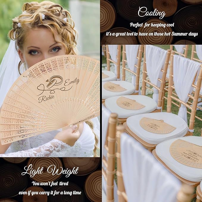 50 PCS Custom Fans Personalized Folding Fans for Line Dancing Wooden Hand Fan Wedding Favors Bulk Fans for Guests Party Event Use (Style01)