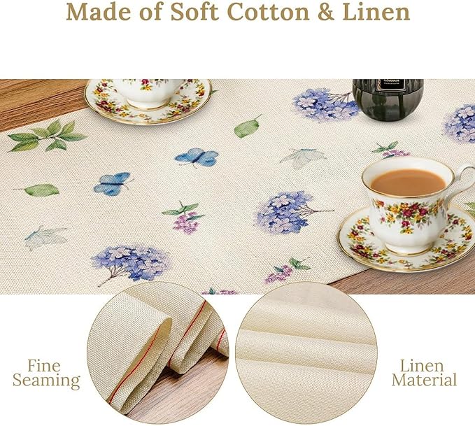 Spring Hydrangea Flower Table Runner, Seasonal Summer Plants Watercolor Florals Butterfly Dinner Runner for Home Kitchen Dining Table Party Holiday Decoration 13"x60"