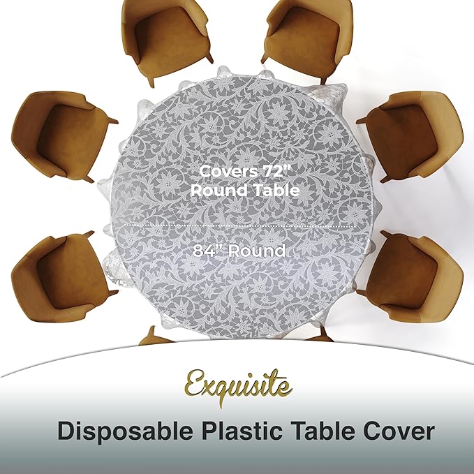 Exquisite Lace Table Cloth Round Table Plastic 12-Pack Lace Tablecloth Round 84" | White Floral Tablecloth Disposable | Wild Flower Party Decorations & Party Supplies