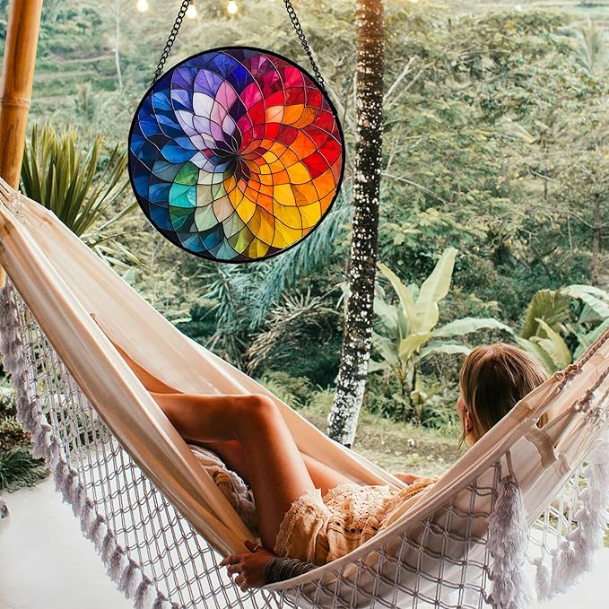 Stained Glass Window Hanging - Colorful Flowers Sun Catcher for Door Terrace Garden Home Decor, Abstract Gradient Suncatcher Birthday Gifts for Lovers Women Men Dad Mom Nana 9.8 in
