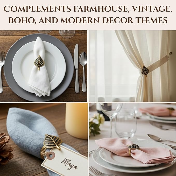 Set of 12 Rooster Napkin Rings for Farmhouse Decor | Premium Metal Leaf Dinnerware Napkin Holders | Thanksgiving, Christmas, and Easter Table Setting (Antique Gold) - ALPHA Living HOME