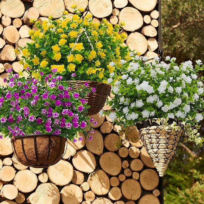 10 Bundles Artificial Fake Flowers, Faux Outdoor Plastic Plants UV Resistant Shrubs Outside Indoor Decorations (White-Eucalyptus)