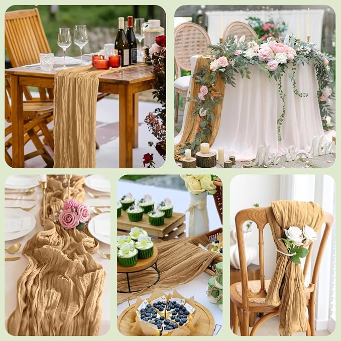 Asee'm 3pcs Cheesecloth Table Runner 120 Inches Long Khaki Boho Gauze Cheese Cloth Runner 10FT Rustic Sheer Table Runners for Christmas Wedding Party Baby Shower Spring Easter Decoration