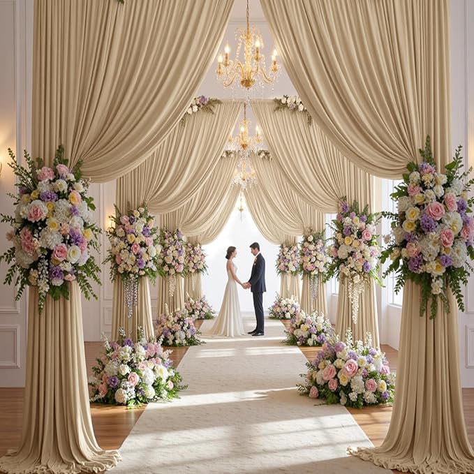 10×14 ft Wrinkle Free Beige Backdrop Curtain for Weddings Parties, 2 Panels 14ft Silky Polyester Wedding Drapes Backdrop Photo Back Drop Cloth for Birthday Baby Shower Photography Backgrounds