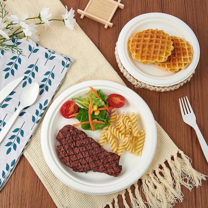 ECOLipak 9 inch 150 Pack Compostable Paper Plates, Heavy Duty Disposable Biodegradable Eco-friendly Sugarcane Bagasse Plates for Party Dinner