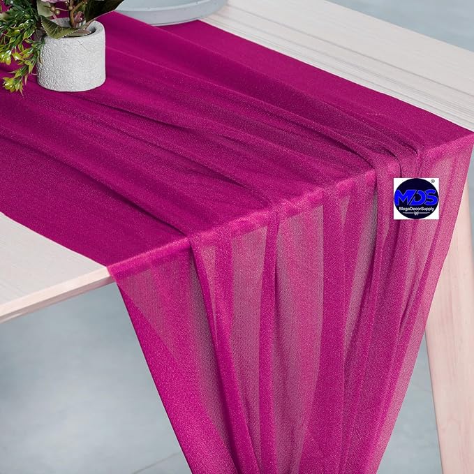 MDS 25 Pack 10ft Chiffon Table Runner 29 x 120 Inches Sheer Wedding Runner Romantic Rustic Table Runner for Wedding Decorations, Birthday Parties, Bridal Shower Party Arch Decor - Magenta