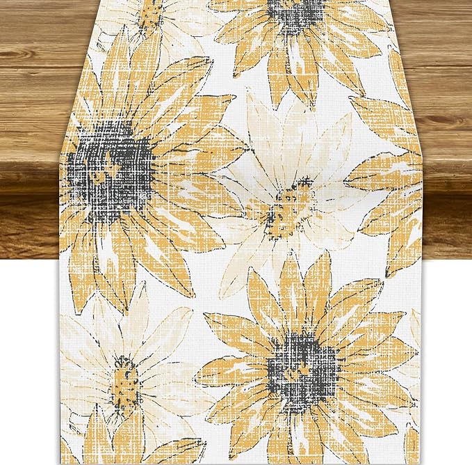 Chrysanthemum Vintage Floral Table Runner, Elegant Grunge Orange Sunflower Spring Summer Elegant Pattern Artichokes Flower Table Runner for Party Kitchen Dining Living Room Decor, 13x120 Inch
