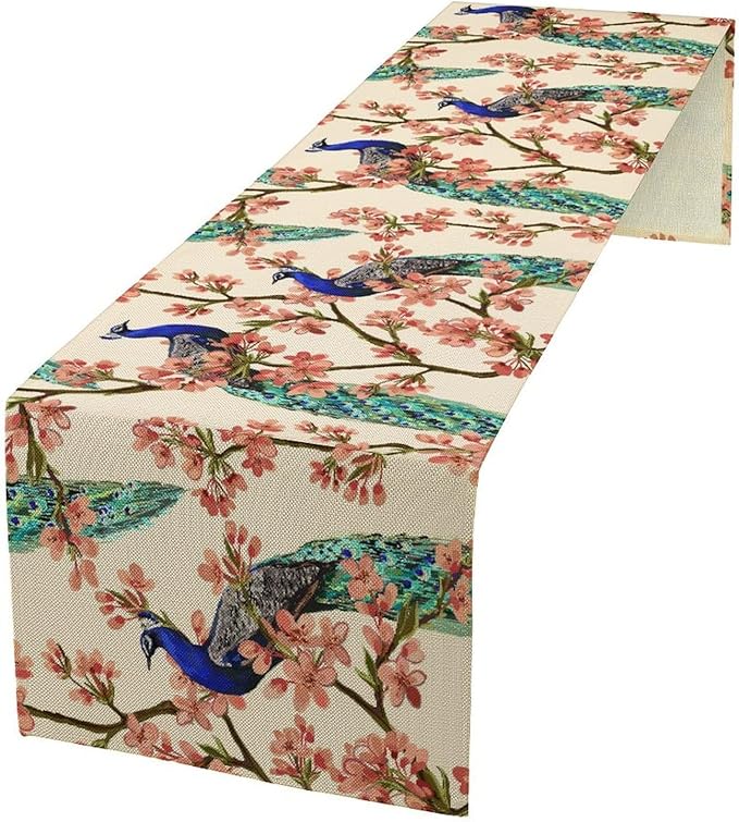 Peacock Table Runner,Spring Floral Peacock Birds Table Runner for Home Kitchen Dining Party Indoor Outdoor Decoration 13x120 Inch