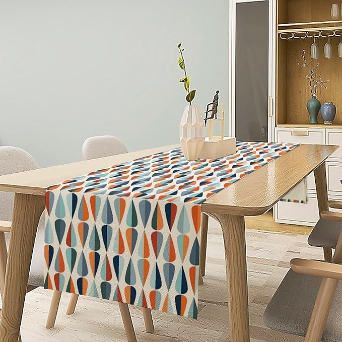 Mid Century Table Runner, Modern Style Retro Pattern Droplet Shapes Mosaic Tones Pattern Print for Home Kitchen Table Decor Dining Coffee Room Party Decor 13x120in