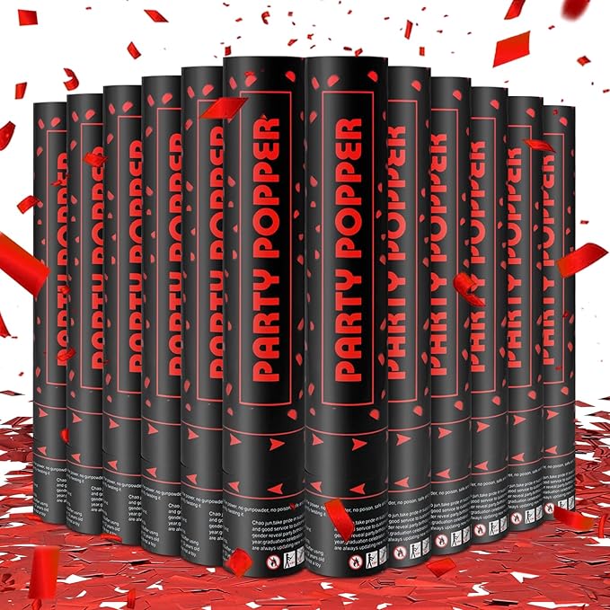 Party Poppers Confetti Cannon 12 Pack Red Poppers 12 Inch Party Shooters Mylar Confetti Red Foil Confetti Cannons Bulk for Wedding Birthday Graduation Baby Gender Reveal Christmas New Year