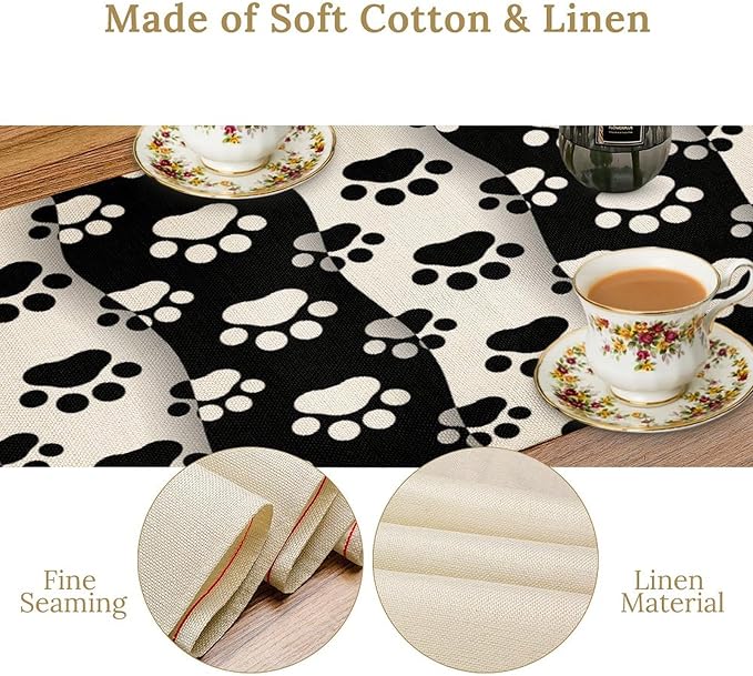 Dog Paw Table Runner,Kid Cute Animal Footprint Black White Theme Design Print Tablecloth Burlap for Hotel Indoors Outdoor Dining Room Kitchen Home Decor,W13X L108 in