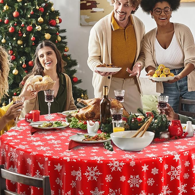 12 Pieces Christmas Snowflake Plastic Party Tablecloth Decorations, Disposable White Snowflake Red Xmas Round Table Cover Backdrop for Winter Christmas Holiday New Year Party Supplies,84 inch (Red)