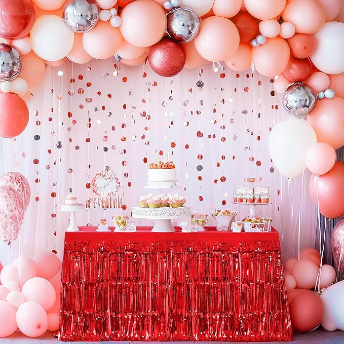 3 Pack Red Green Silver Table Skirts, 29x108" Metallic Foil Tinsel Fringe Table Skirt for Rectangle Tables Streamer Curtains Backdrop, Party Decorations for Birthdays, Weddings, Holidays