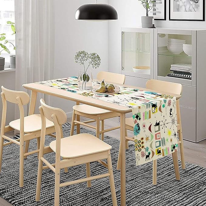 Colorful Geometric Table Runner,Vintage Mid Century Cute Cat Abstract Morden Print Tablecloth Burlap for Hotel Indoors Outdoor Dining Room Kitchen Home Decor, 13x36in