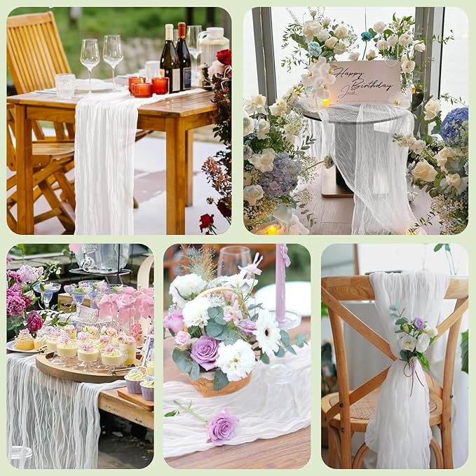 Asee'm 2pcs Cheesecloth Table Runner 120 Inches Long Ivory Boho Gauze Cheese Cloth Runner 10FT Rustic Sheer Table Runners for Christmas Wedding Party Baby Shower Spring Easter Decoration